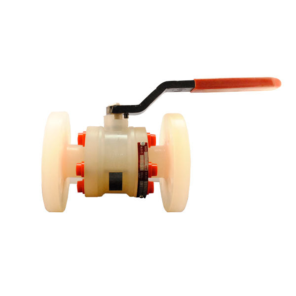 Válvula de bola UNP con cuerpo PPH/PTFE, brida #125 FF, diseñada para aplicaciones industriales con alta resistencia química y control de flujo