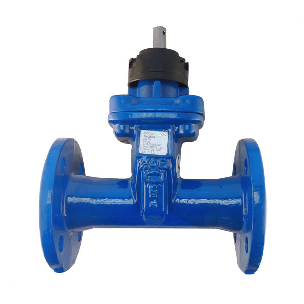 Válvula de compuerta VAG con cuerpo ancho, brida PN25, diseñada para aplicaciones industriales con control de flujo y alta resistencia.