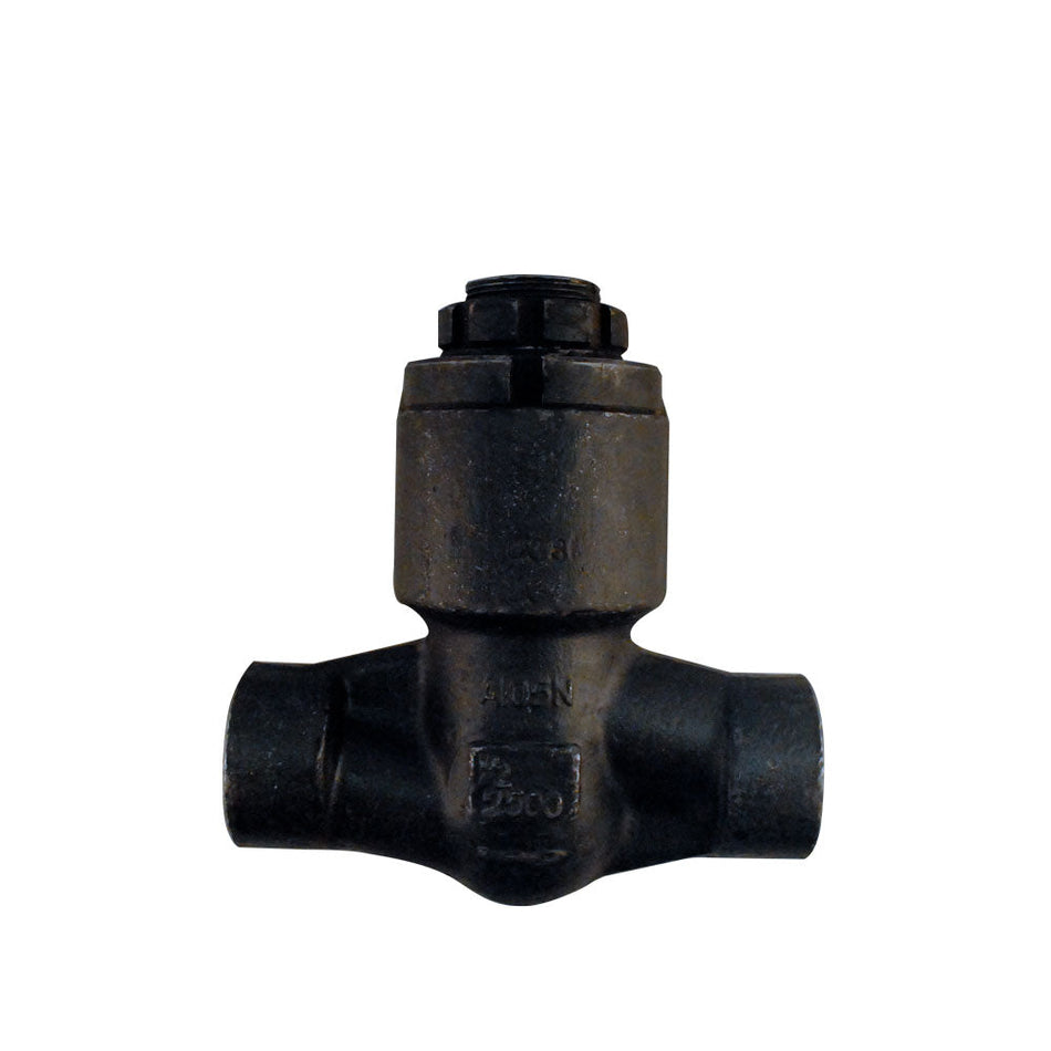 Válvula de retención tipo Lift Check Dierste A105/Trim 5 con roscas NPT, clasificada para #2.500, diseñada para aplicaciones industriales de alta presión y control de flujo.