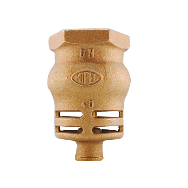 Válvula de retención de pie Deca-Mipel de bronce con roscas BSP, clasificada para PN10, diseñada para evitar el flujo inverso en sistemas industriales.