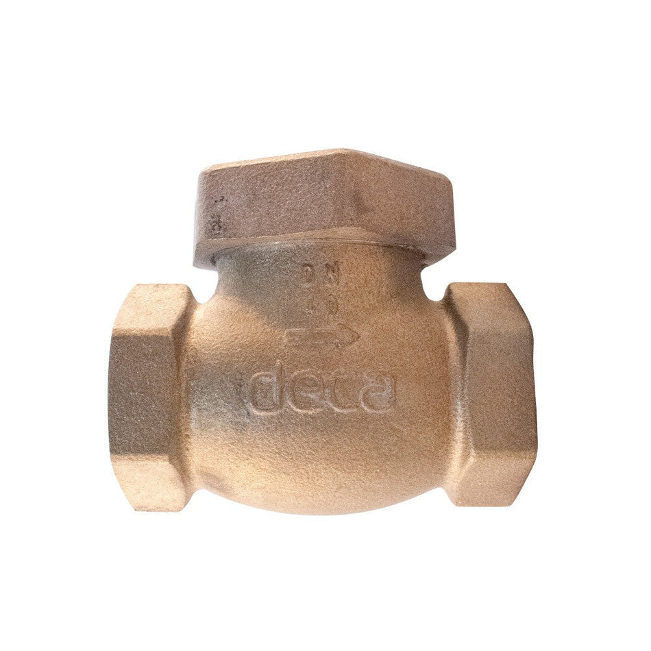 Válvula de retención Lift Check Deca-Mipel de bronce con roscas BSP, clasificada para PN16, diseñada para evitar el flujo inverso en sistemas industriales.