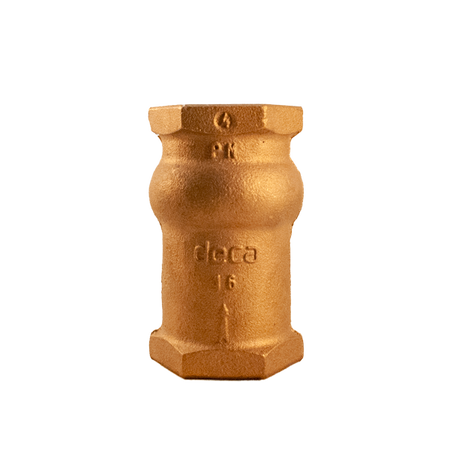 Válvula de retención vertical Deca-Mipel de bronce con roscas BSP, clasificada para PN10, diseñada para evitar el flujo inverso en sistemas industriales.