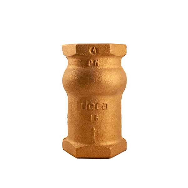 Válvula de retención vertical Deca-Mipel de bronce con roscas BSP, clasificada para PN10, diseñada para evitar el flujo inverso en sistemas industriales.
