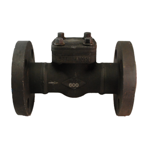 Válvula de retención Swing Check PTV A105/Trim 5, brida #600, diseñada para aplicaciones industriales de alta presión y control de flujo.